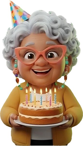 A Vó de chapéu de festa, com um bolo de velas